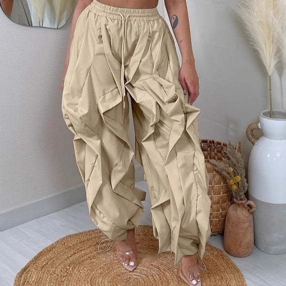 Ruched Lantern Sleeve Drawstring Patchwork Pants