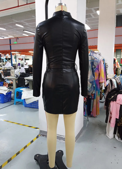 Pu Leather Long Sleeves Turtleneck Rhinestone Small Silt Skinny Mini Party Evening Black Dress