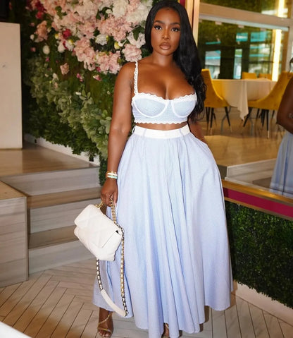 Lace Trim Crop Top + High Waist Flare Skirt Set