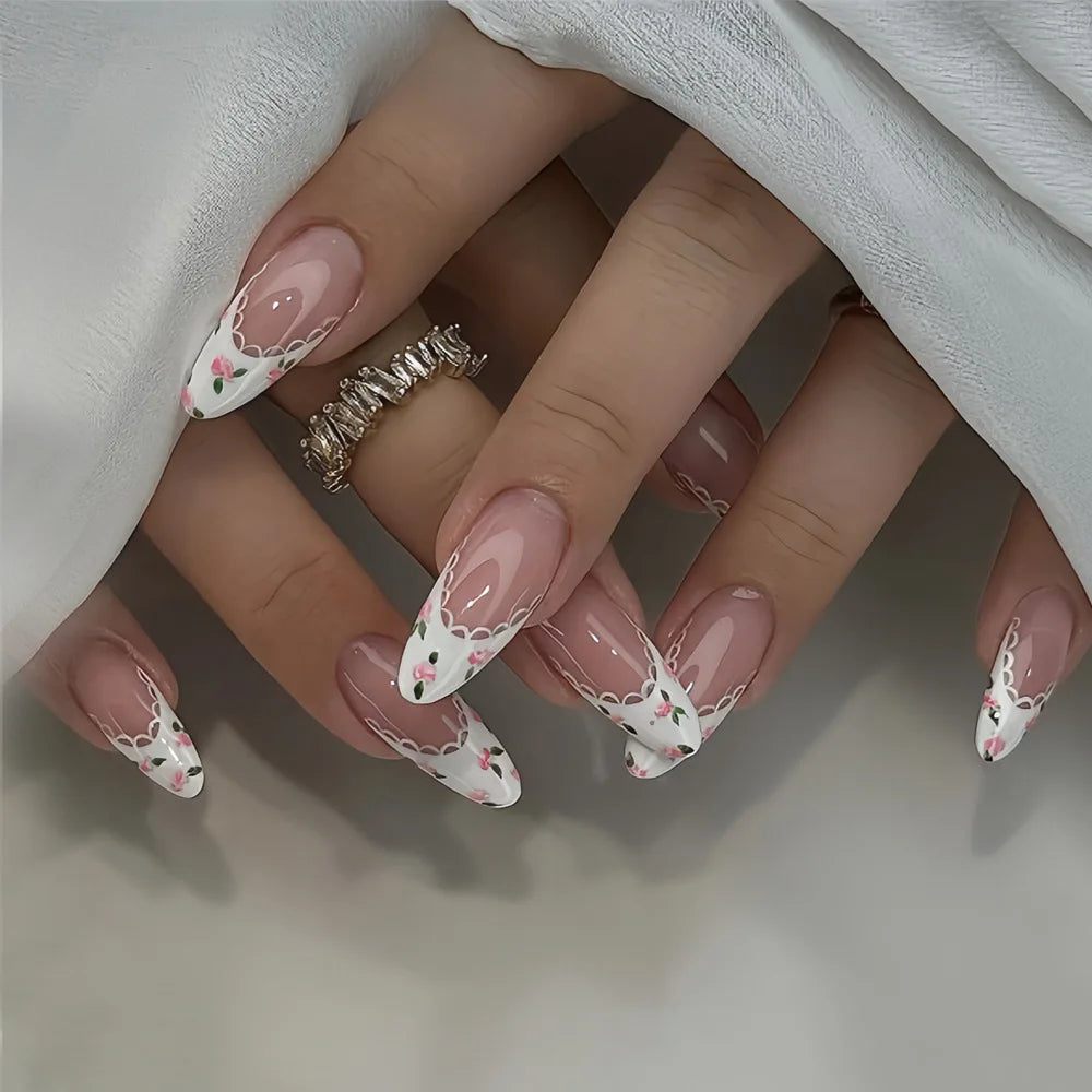 24Pcs Autumn Winter Matte Almond False Nails with Glue Rose Leaf Printing Nail Art Simple Full Cover Press on Acrylic Nails Tips