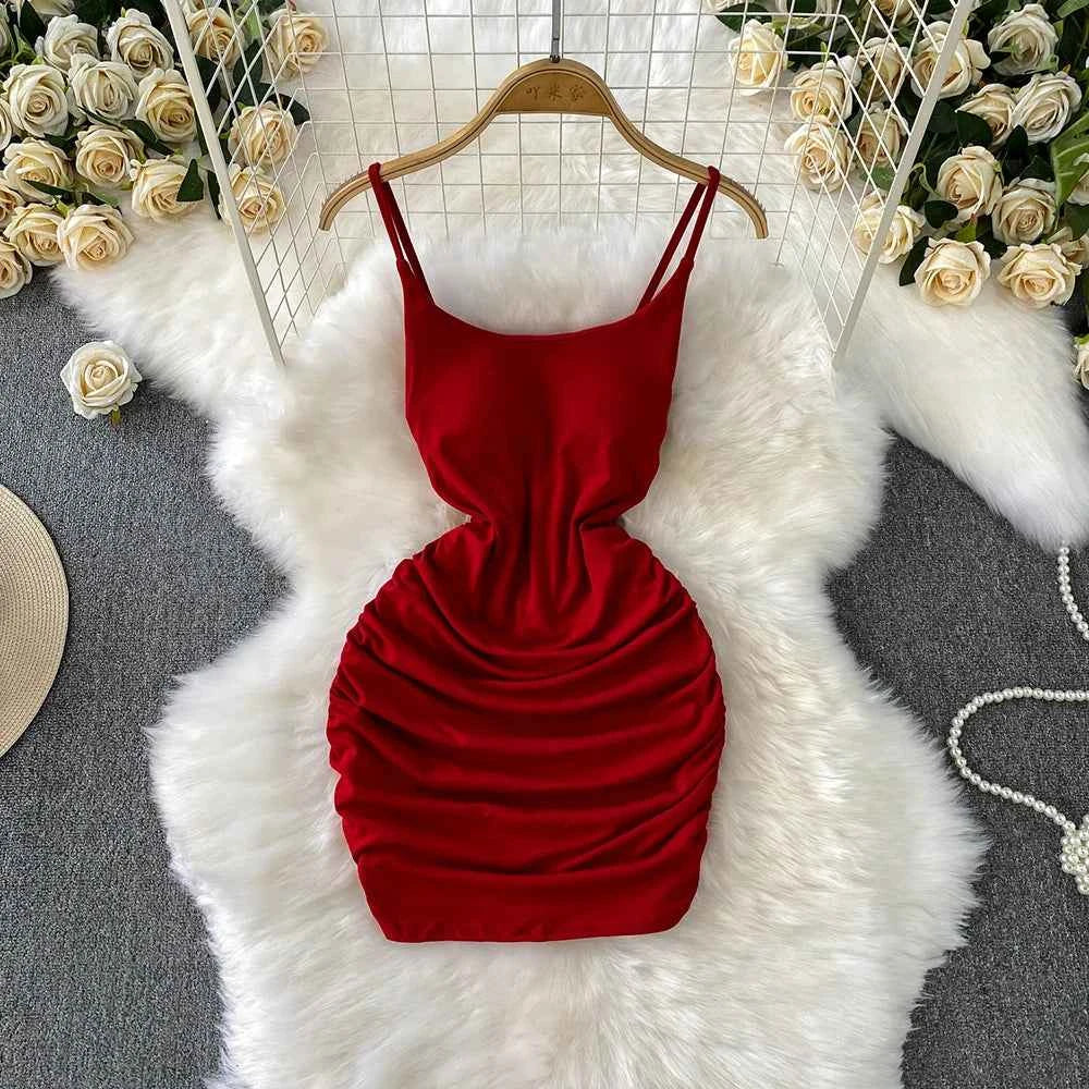 Spaghetti Strap Pleated Temperament Mini Dresses