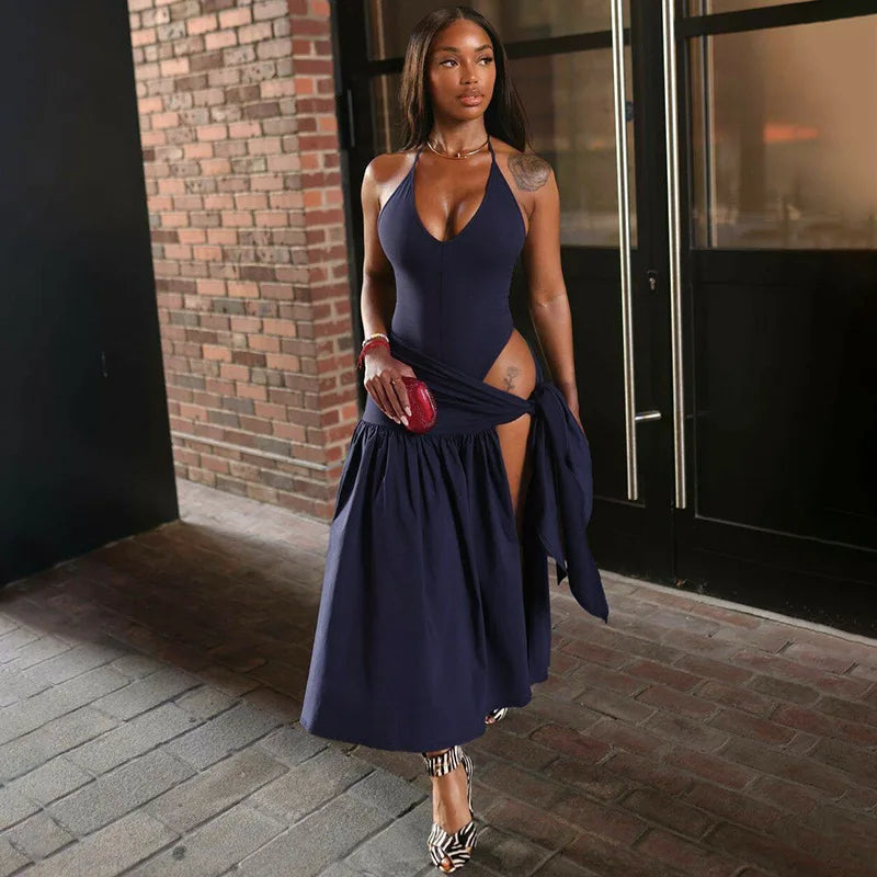 Elegant Halter Bodysuits Tie Up Maxi Skirts Matching Outfits