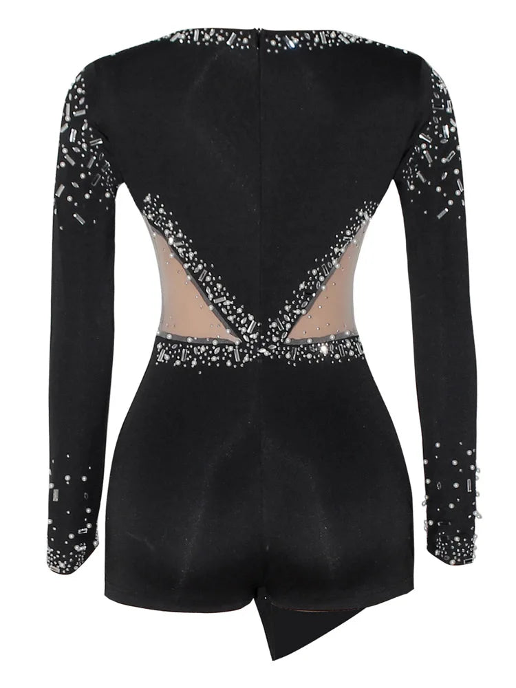 Regina V-Neck Mesh Rhinestone Skinny Long Sleeve Playsuits