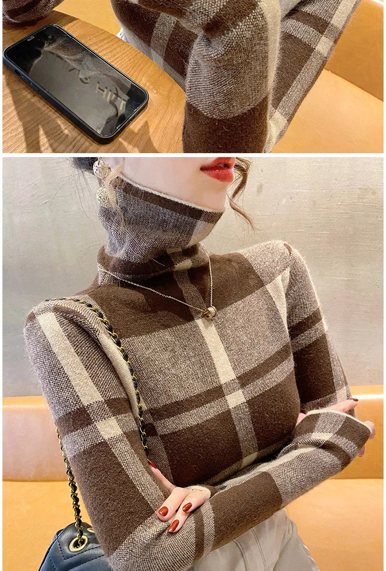 Kyli's Basic Soft Elastic Slim Turtleneck Wool Knitted Sweaters (Vintage Plaid)