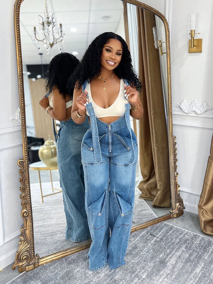 Loose High Waisted Zipper Denim Cargo Jumpsuits
