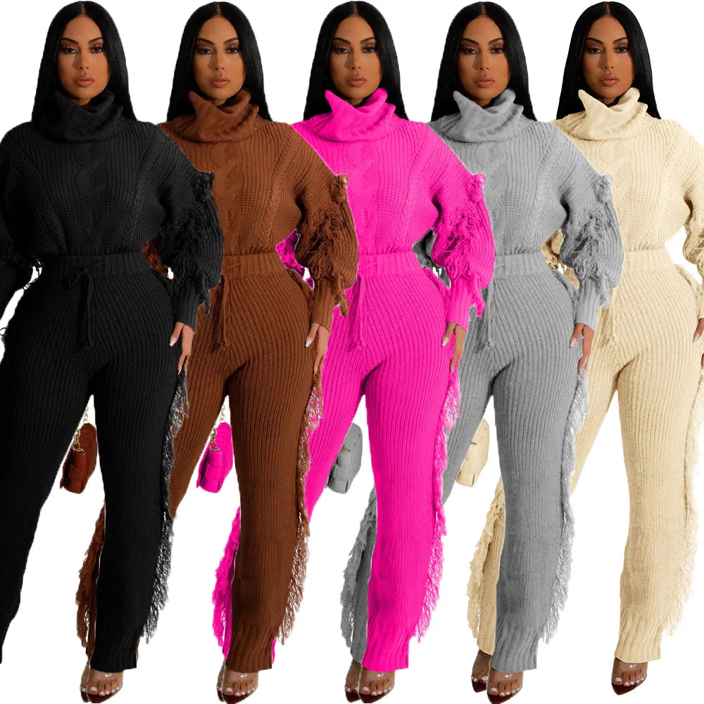 Ty'Anna Knitted Long Sleeve Pullover Top + Sweater Pant Set(Suit)