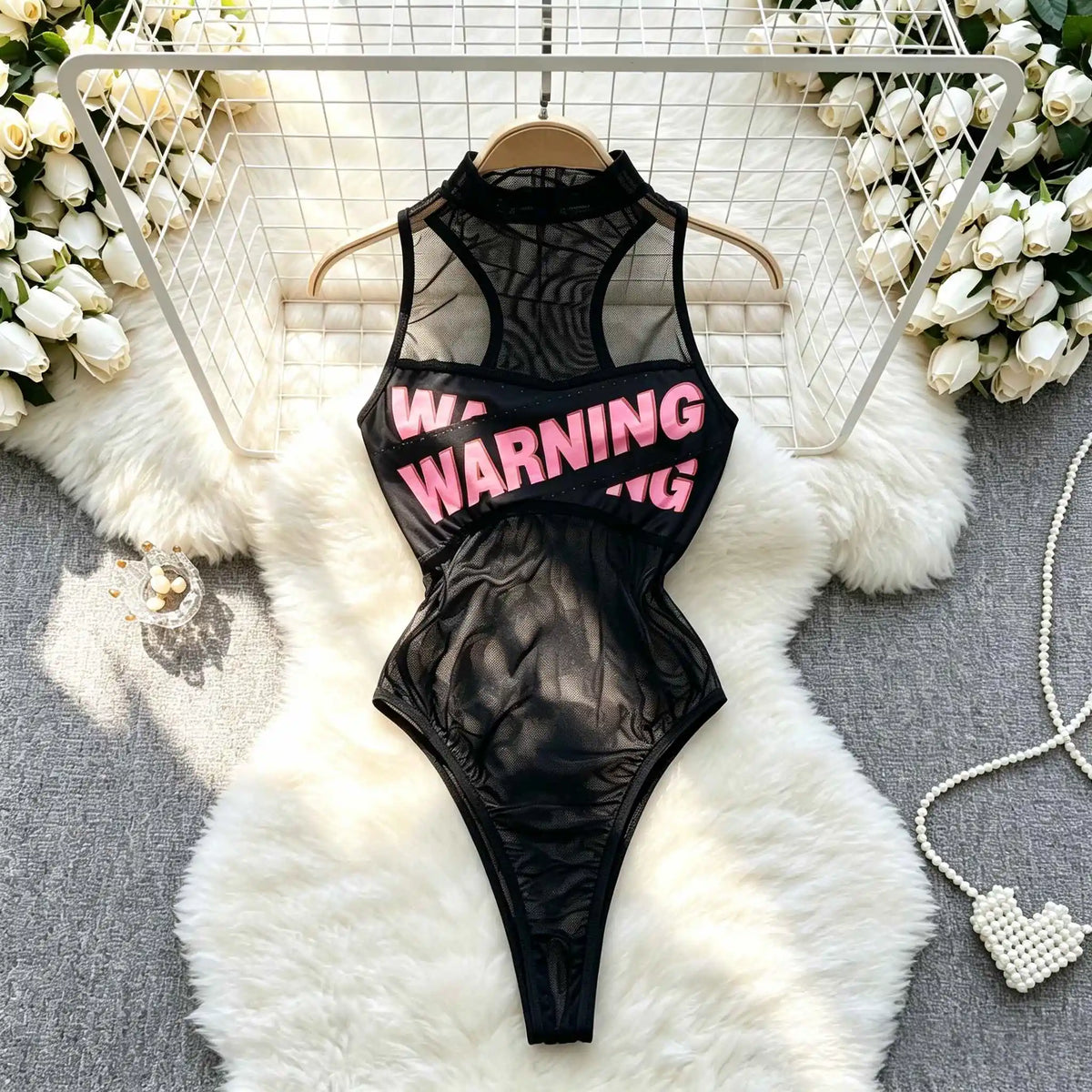 New Sexy Letter Print Club Party Mesh Bodysuit Top Slim Fit Y2K Hot Girl