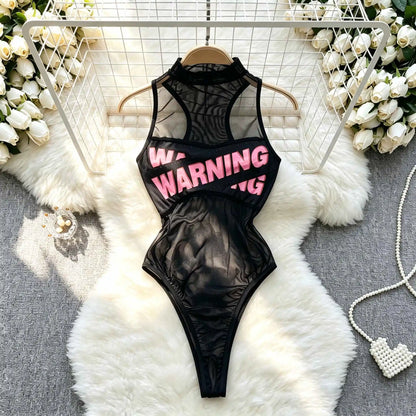 New Sexy Letter Print Club Party Mesh Bodysuit Top Slim Fit Y2K Hot Girl