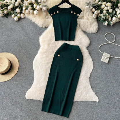 Knitted 2 Pcs. Buttons Crop Top Tanks + Slit Midi Skirt Set