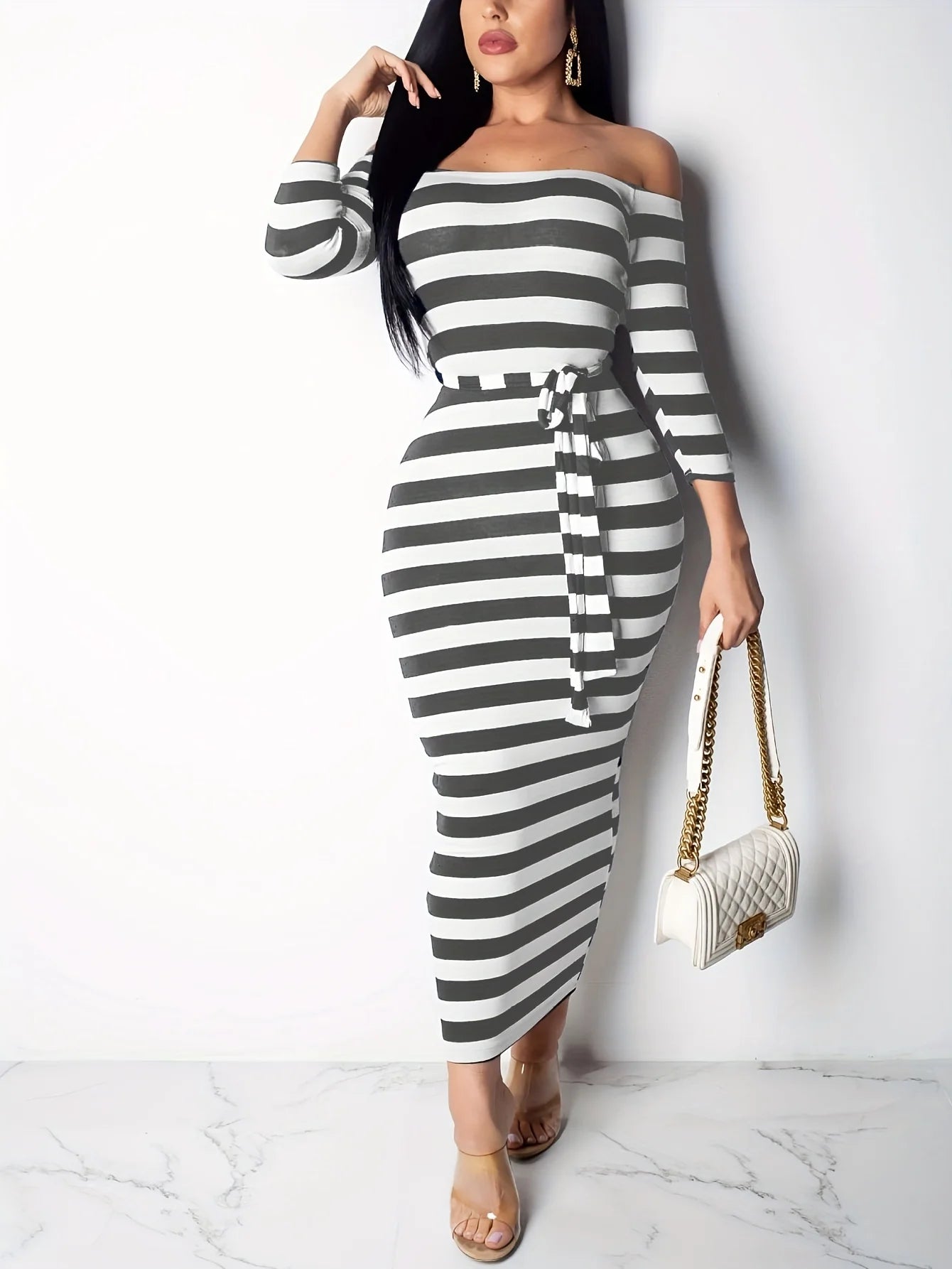 Stripe Slash Neck Three Quarter Pencil Dresses