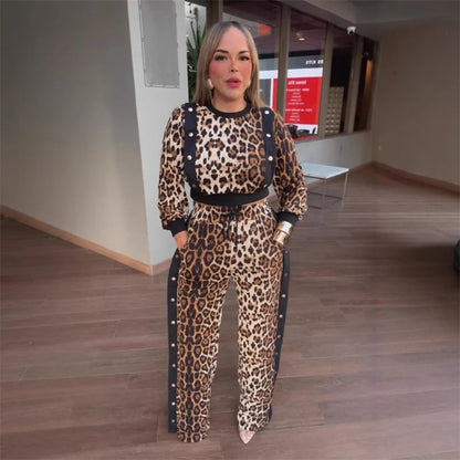 Leopard Print O-neck Top + Split Pants Matching Sets