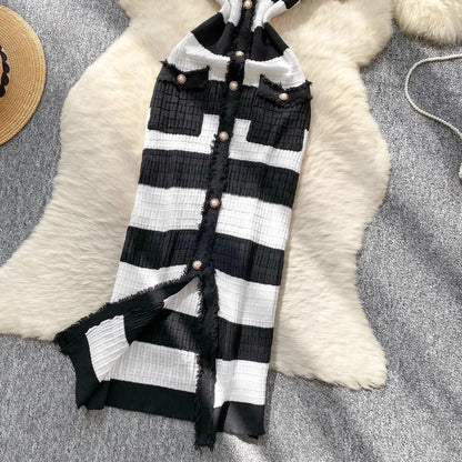 Chic Knitted Slim Waist Office Lady Sweater Maxi Dresses