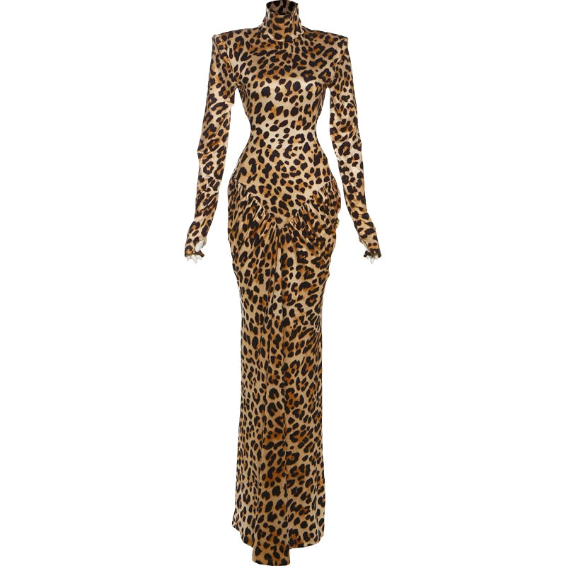 Leopard Print Ruched Patchwork Full Sleeve Midnight Stretch Dresses