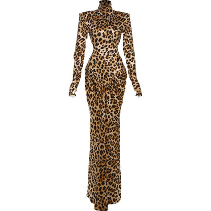 Leopard Print Ruched Patchwork Full Sleeve Midnight Stretch Dresses