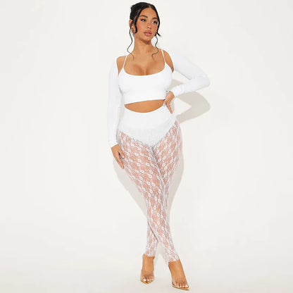 Joskaa Women's Jacquard  Lace Leggings Patchwork Sexy See Through High Waist Pencil Pants Female Bottoms Midnight Party Clubwear