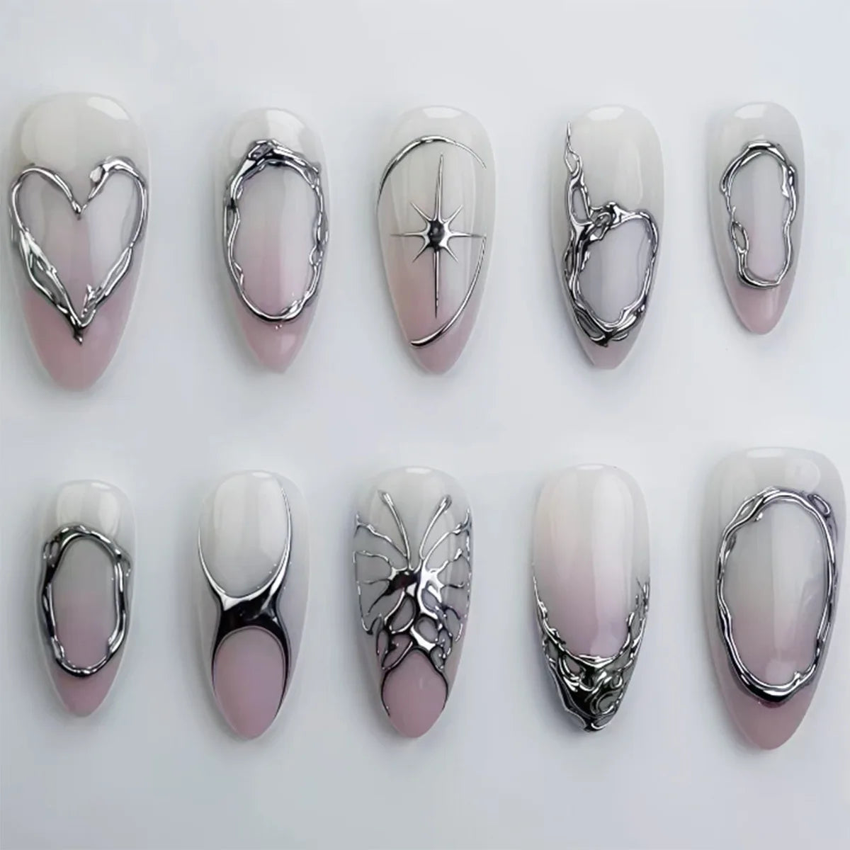 24Pcs 3D Green Ripple Design False Nails Cat's Eye French Almond Fake Nail Tips Leaves Pattern Removable Oval Press on Nails