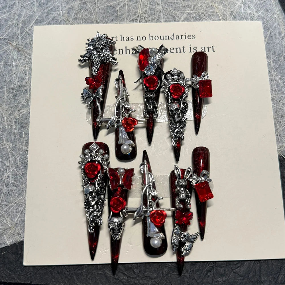 3D Handmade Long Coffin Stiletto Fake Nail Flowers Cat's Heart Diamond Metal Bow