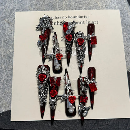 3D Handmade Long Coffin Stiletto Fake Nail Flowers Cat's Heart Diamond Metal Bow