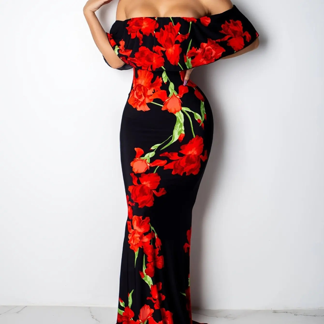 Rose Sunflower Floral Print Strapless  Bodycon Slash Neck Off Shoulder Short Sleeve Polyester Xtra Maxi Dress