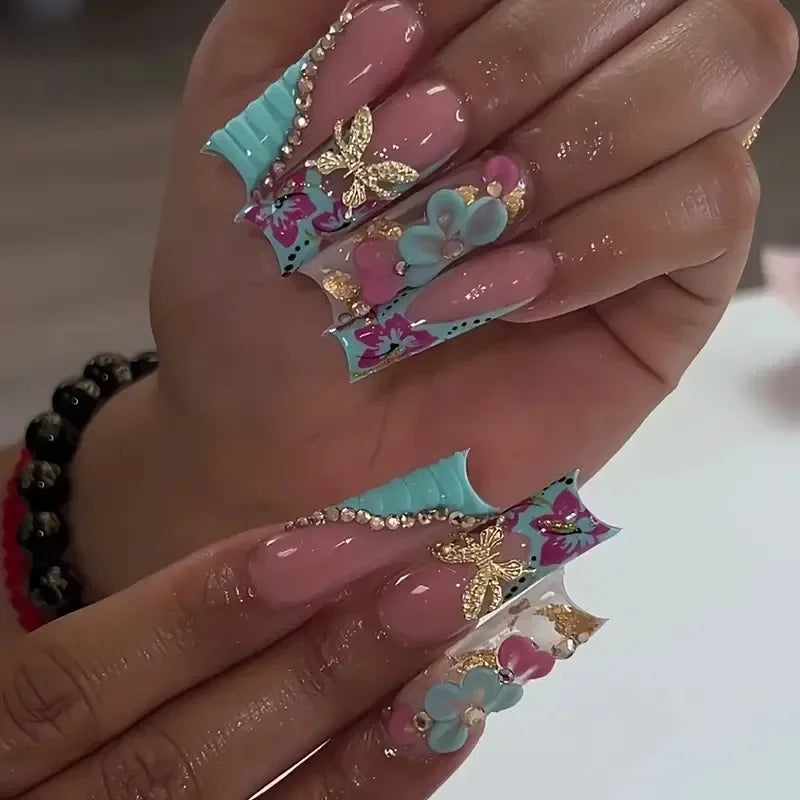 24Pcs Long Square Press on Nails Leopard Print French 3D Cherry Design False Nail Rhinestone Wearable Full Cover Fake Nails Tips