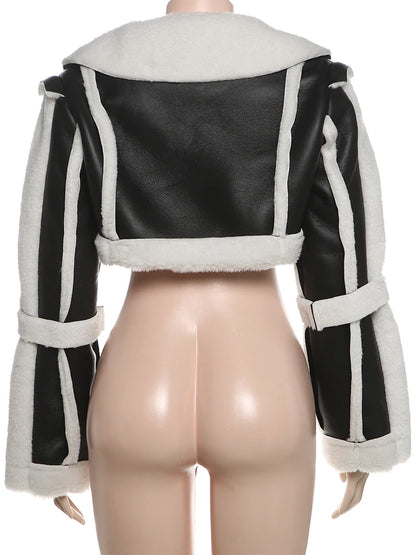 Furry Patchwork Women Crop Jacket Hipster Full Sleeve Open Stitch Hipster Streetwear Warm Outwear Basic Wild Coat