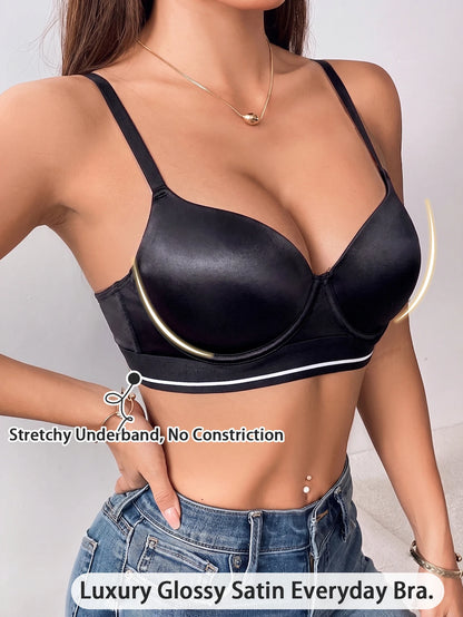 Underwire Push-Up Bra Glossy Satin U-Back Support Adjustable Straps Anti-Sagging Everyday Lingerie