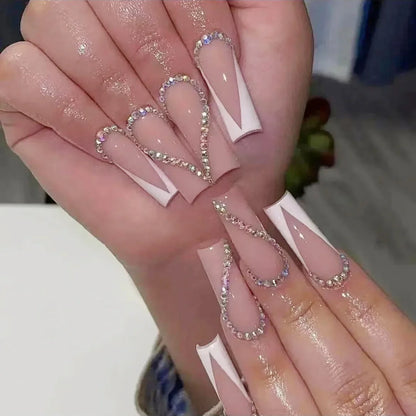 24Pcs Simple White French Press on Nails with Glue Long Ballet False Nails Wearable Coffin Fake Nails Full Cover Nail Tips