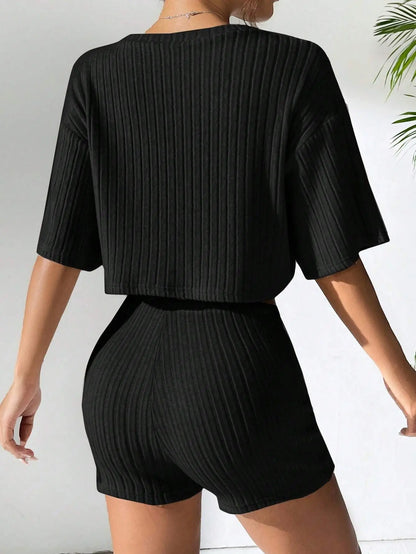 Stretchy Solid Cropped Crew Neck T-Shirt Top + Short Sets