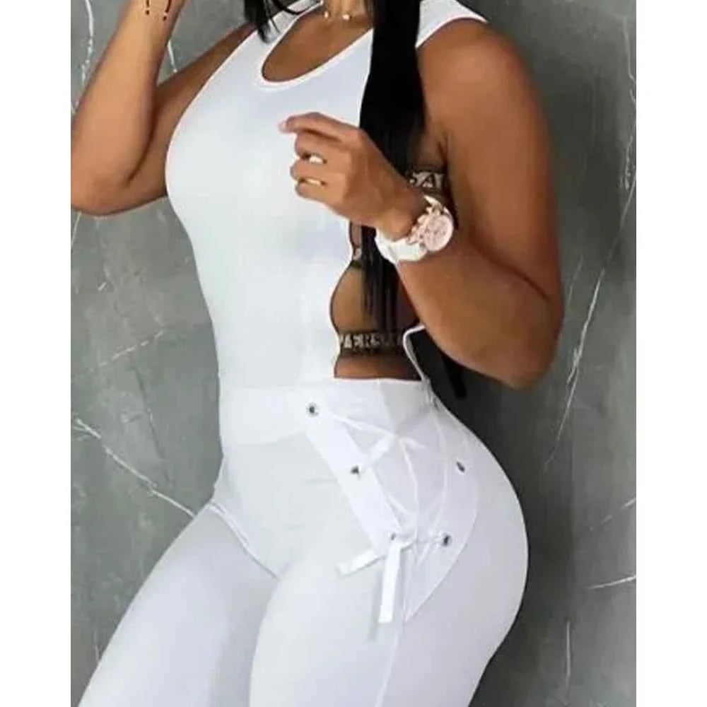 Letter Pattern Sleeveless Ladder Cut Out Jumpsuits