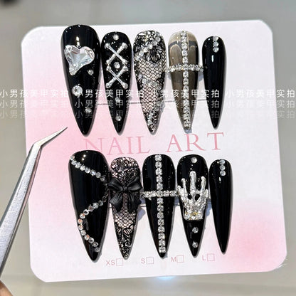 10Pcs Luxury Court Handmade Long Stiletto Full Cover Nails 3D Spice Girl Sparkling Diamond Bow Pearl Flowers Wearable Fake Nails
