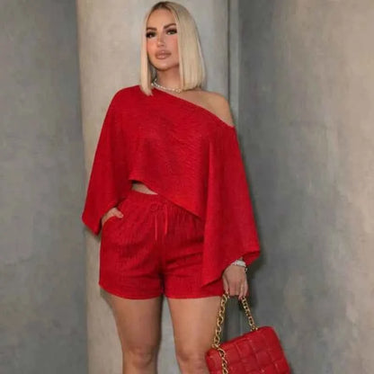 Irregular Shoulder Crop Top + Shorts Matching Sets