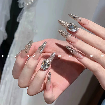 10Pcs Luxury Court Handmade Long Stiletto Full Cover Nails 3D Spice Girl Sparkling Diamond Bow Pearl Flowers Wearable Fake Nails