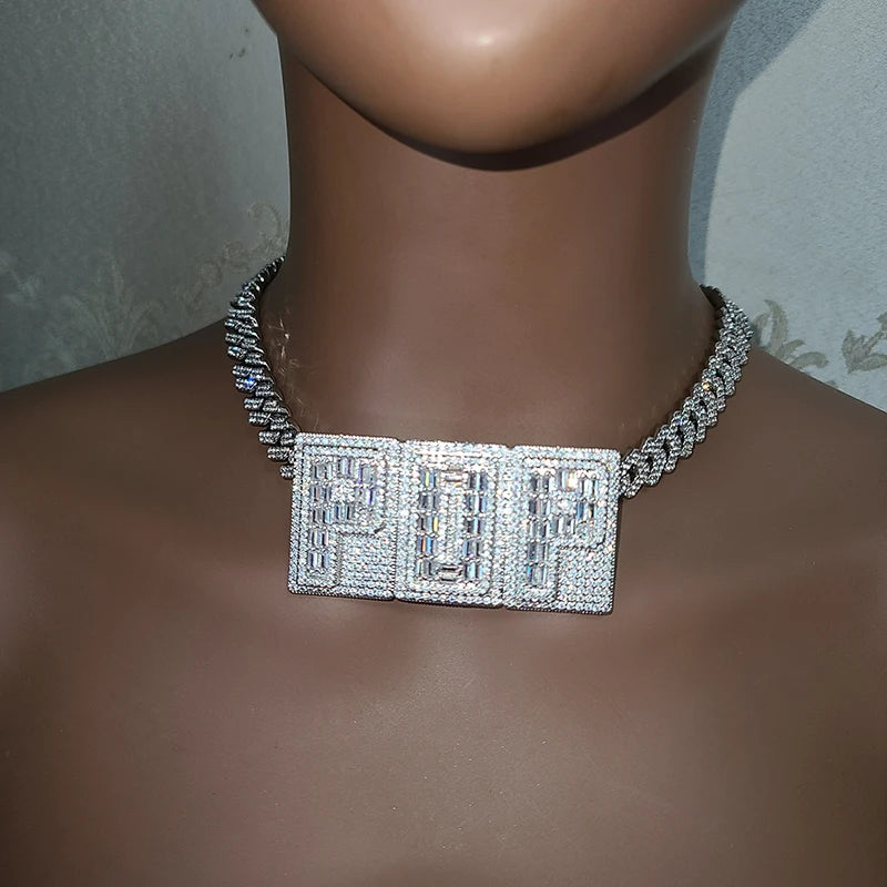 Square Letters Cubic Zircon Name Necklace Personalized Nameplate With Rhinestone Cuban Chain Jewelry