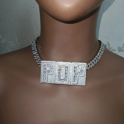 Square Letters Cubic Zircon Name Necklace Personalized Nameplate With Rhinestone Cuban Chain Jewelry