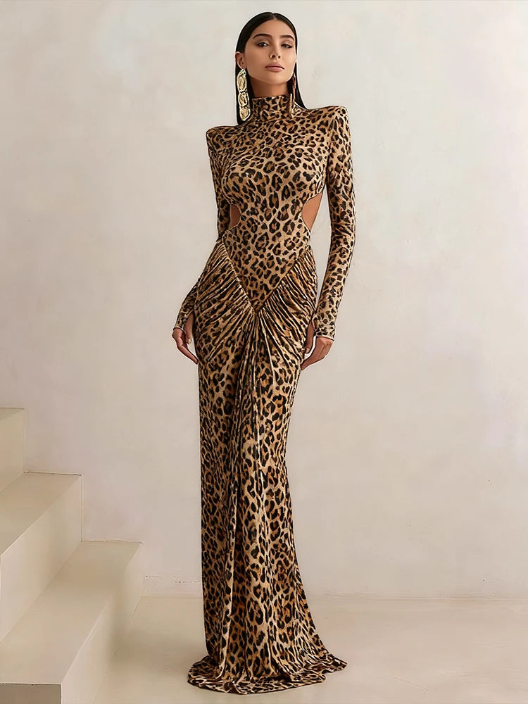 Leopard Print Ruched Patchwork Full Sleeve Midnight Stretch Dresses