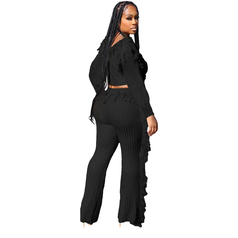 Brittney Tassel Knit Long Sleeve Crop Top and Pants Sets