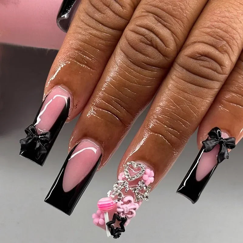 24Pcs Blue Long False Nails Butterfly Ballet French Cartoon  Wearable Fake Nails Full Cover Design Press on Nails Tips Art