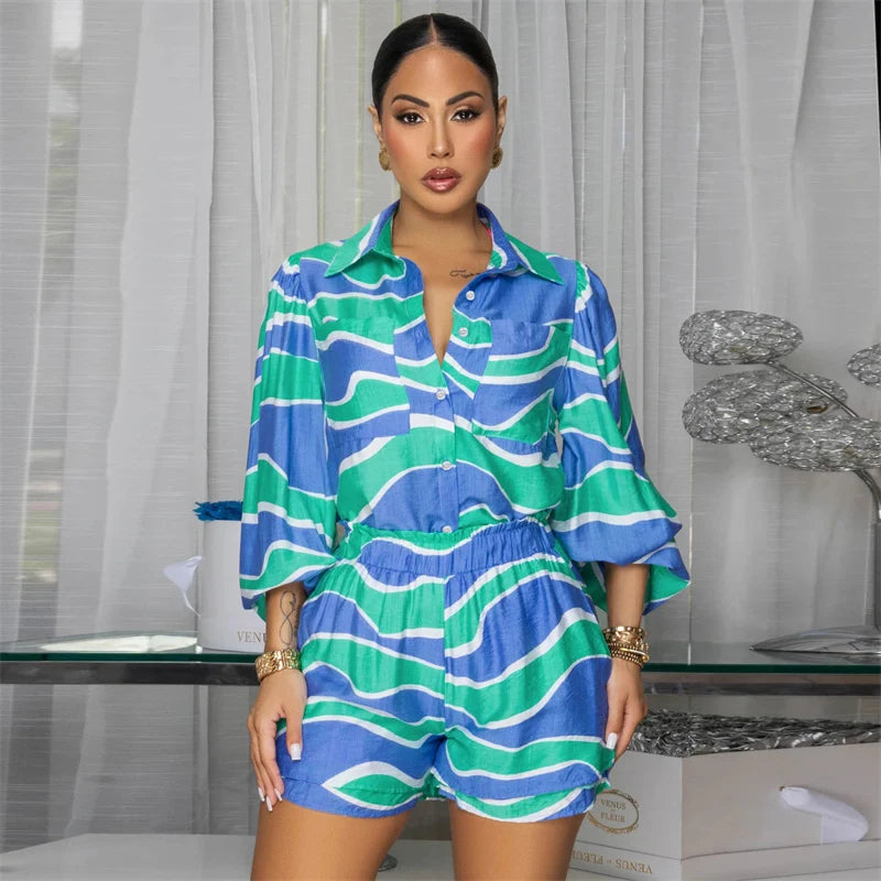 Collar Button Long Sleeve Shirt Top + Short Sets