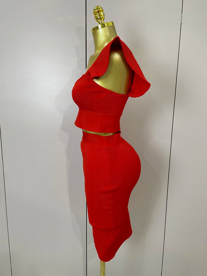 Celebrity Ruffles Red Bandage Skirt Sets