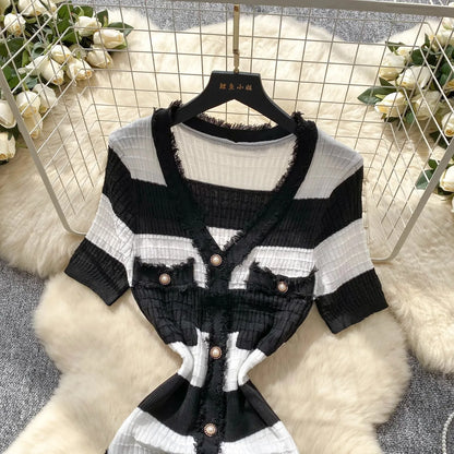 Chic Knitted Slim Waist Office Lady Sweater Maxi Dresses