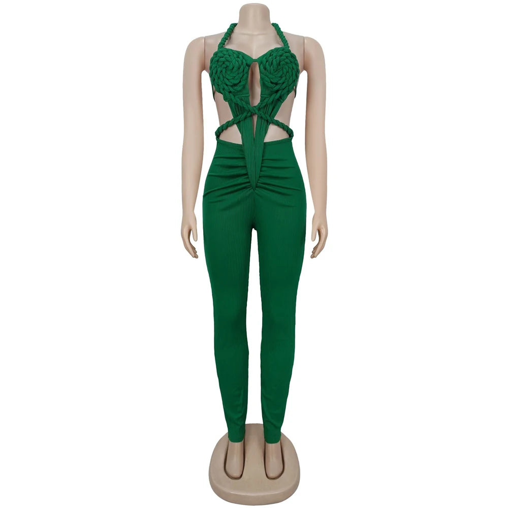 Halter Neck Ribbed Ruched Backless Leggings Jumpsuits (One Piece)