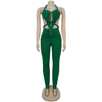 Halter Neck Ribbed Ruched Backless Leggings Jumpsuits (One Piece)