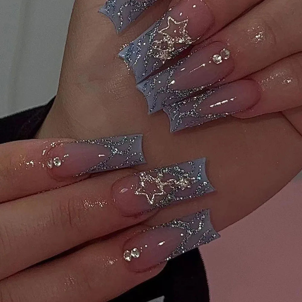 24Pcs Pink Butterfly Design False Nails Extra Long Coffin Fake Nails Wearable French Ballet Press on Nails Full Cover Nail Tips