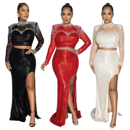 Yandy Sequin Long Sleeve O-neck Long Skirts Sets