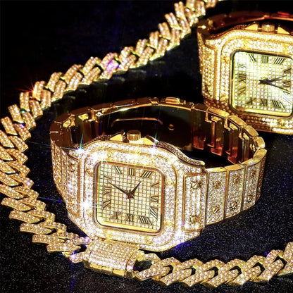 3pcs Set Hip-hop Punk Inlay Diamond Square Watch+Cuban Chain+Bracelet Comes With Strap Adjuster Stylish Jewelry