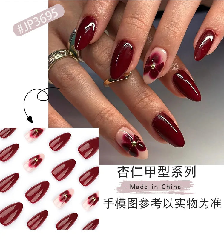 24pcs Women'S Nail Set Burgundy Almond Shape Medium Length Solid Color with Floral Golden Dust Design Fake Nails for Women/Girls