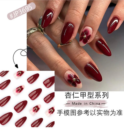 24pcs Women'S Nail Set Burgundy Almond Shape Medium Length Solid Color with Floral Golden Dust Design Fake Nails for Women/Girls