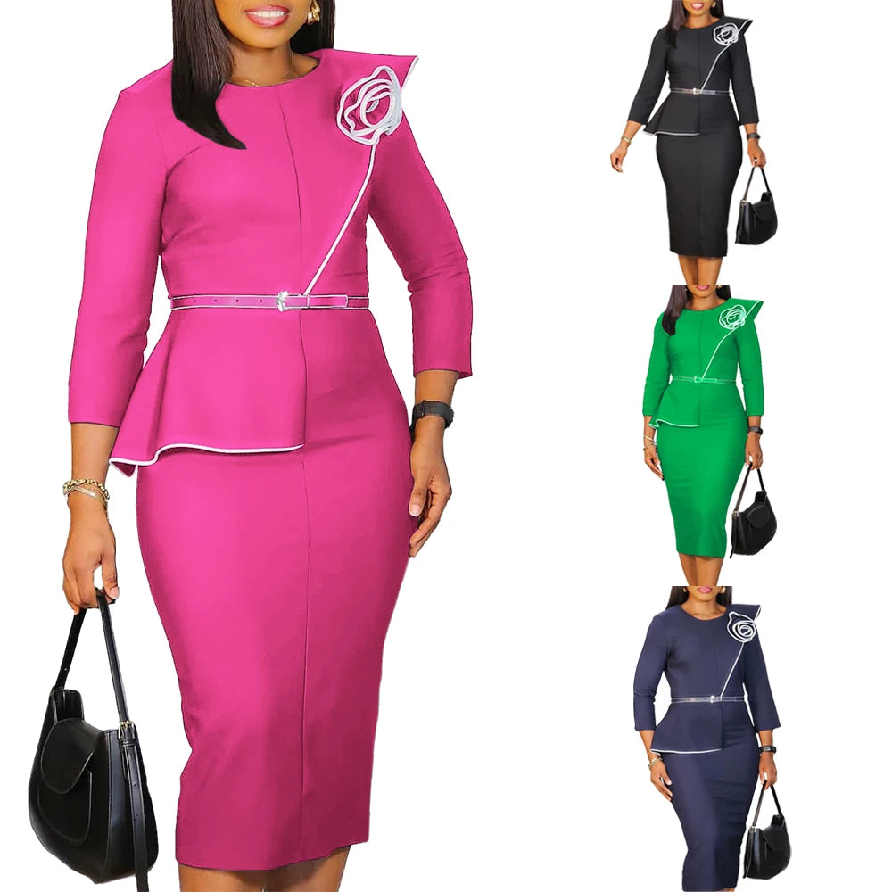 Toya's O Neck Long Sleeve Knee Length Formal Work Straight Career Skirt Sets