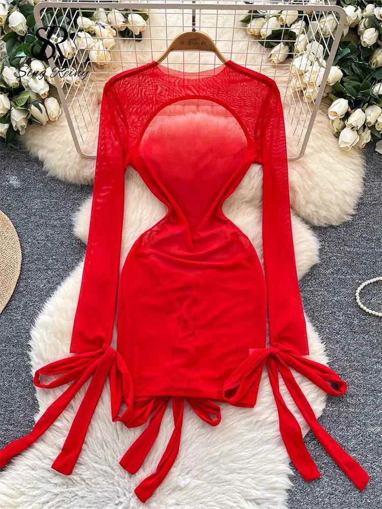Split Swimwear Long Sleeves Hollow Out Mini Dress + Lace Up Bodysuits Sheer Vacation Bikini Sets