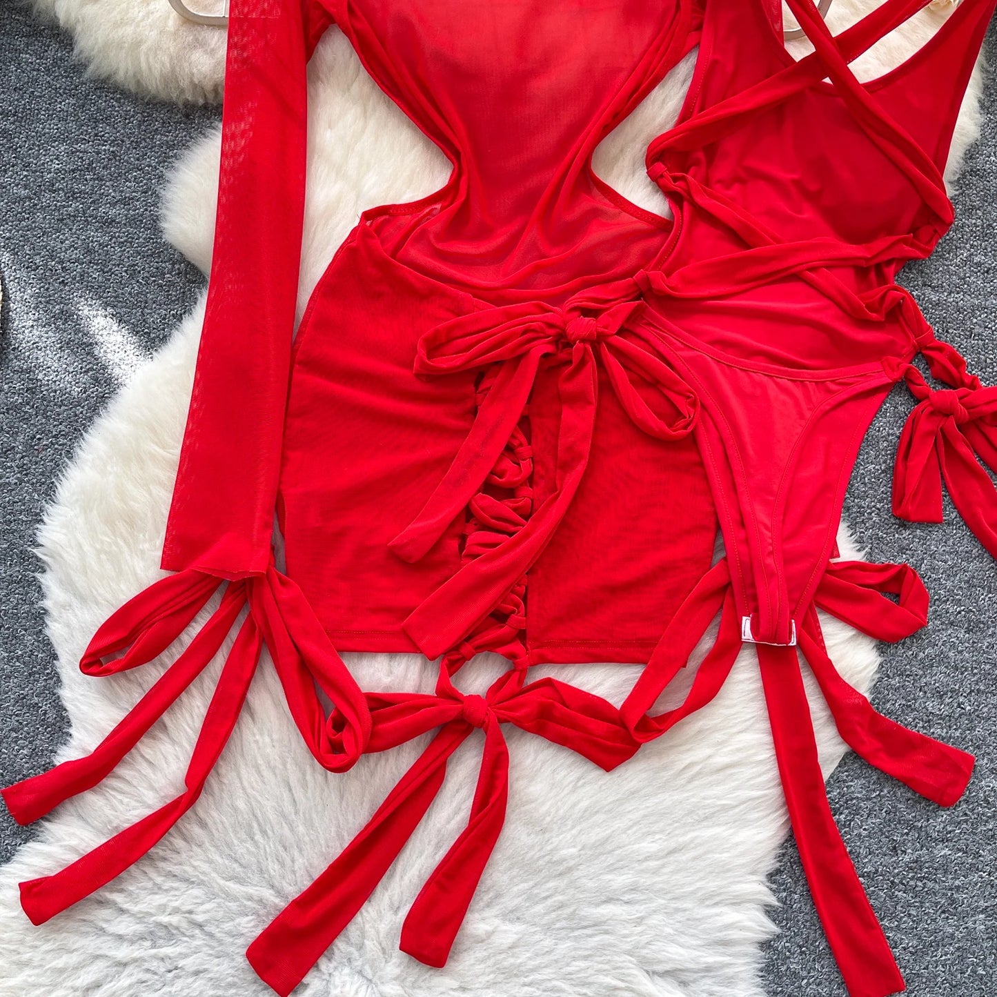Split Swimwear Long Sleeves Hollow Out Mini Dress + Lace Up Bodysuits Sheer Vacation Bikini Sets